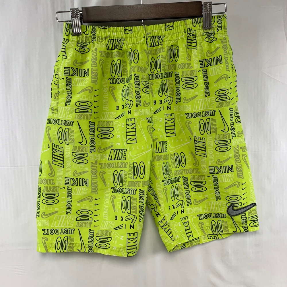 Nike Swim Shorts Trunks Boys Large L Volt Green All Over Logo Just Do It Print